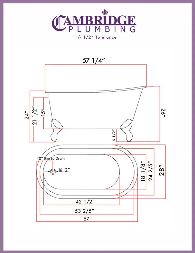 Cambridge Plumbing Cast Iron Swedish Slipper Tub 58" X 30" with no Faucet Drillings and Complete Polished Chrome Free Standing English Telephone Style Faucet with Hand Held Shower Assembly Plumbing Package