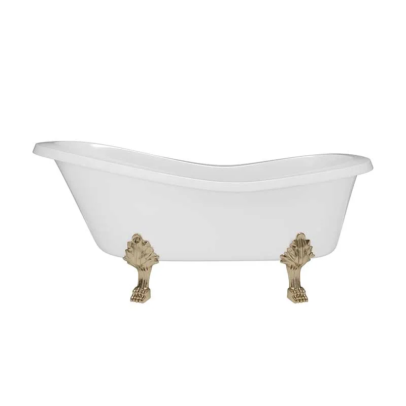 Cambridge Plumbing Dolomite Mineral Composite Clawfoot Slipper Tub with Antique Brass Feet and Drain Assembly 66 x 30