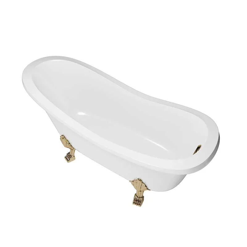 Cambridge Plumbing Dolomite Mineral Composite Clawfoot Slipper Tub with Antique Brass Feet and Drain Assembly 66 x 30