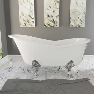 Cambridge Plumbing Dolomite Mineral Composite Clawfoot Slipper Tub with Polished Chrome Feet and Drain Assembly 62 x 30