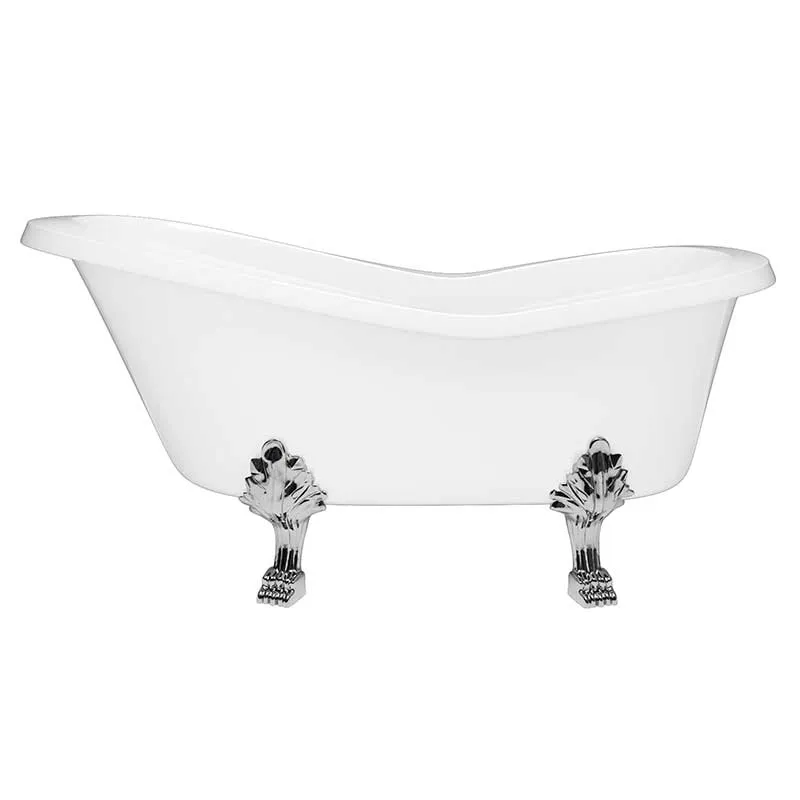 Cambridge Plumbing Dolomite Mineral Composite Clawfoot Slipper Tub with Polished Chrome Feet and Drain Assembly 62 x 30