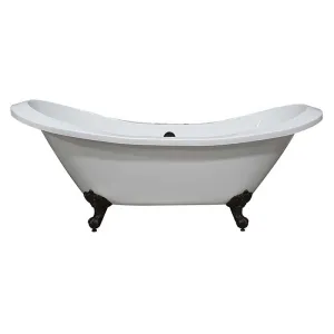 Cambridge Plumbing Extra Large Acrylic Double Slipper Clawfoot Tub, Oil Rubbe Bronze Feet and Deck Mount Faucet Holes