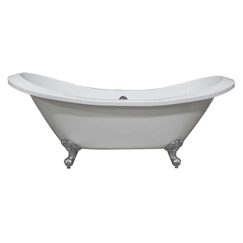 Cambridge Plumbing Extra Large Acrylic Double Slipper Clawfoot Tub, Polished Chrome Feet and No Faucet Holes