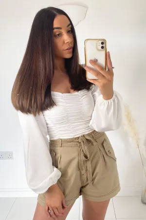 Camel Contrast Stitch Belted Shorts - Michella