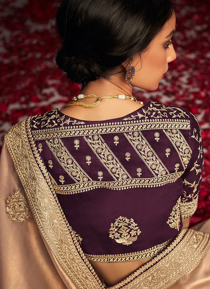 Champagne Gold And Purple Embroidered Organza Silk Saree