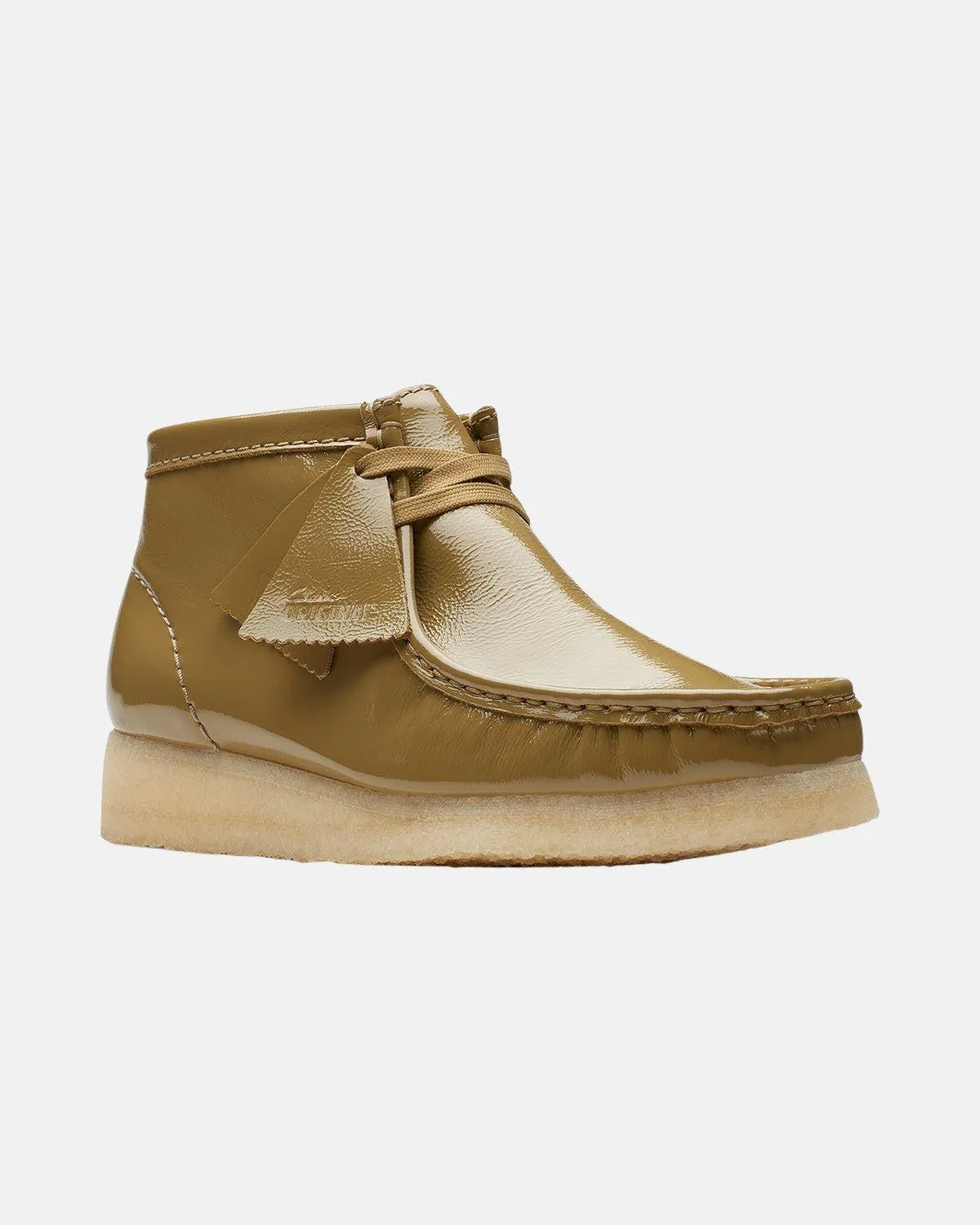CLARKS ORIGINALS WOMENS WALLABEE BOOTS DARK OLIVE PATENT