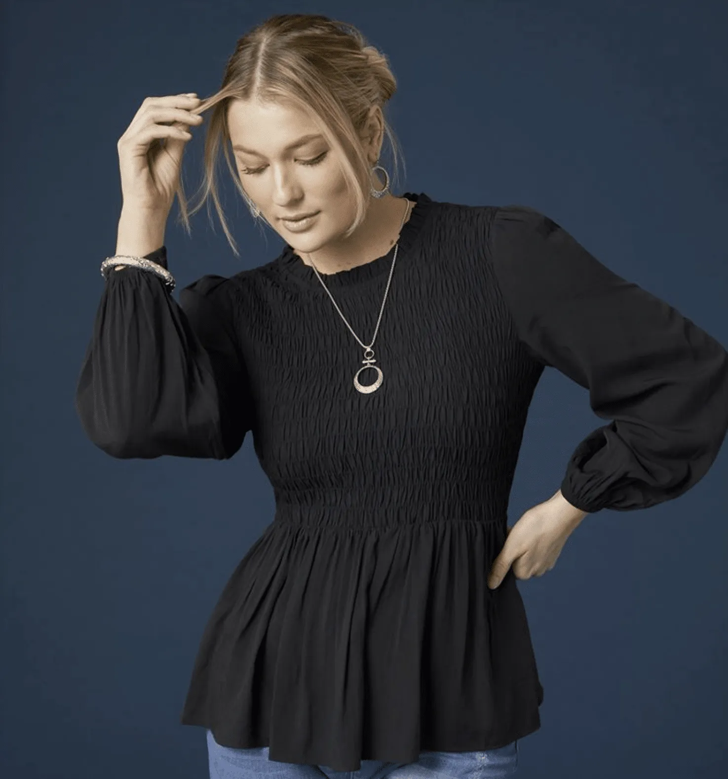 CLEARANCE - Valen Smocked Top with Ruffle Collar- Black