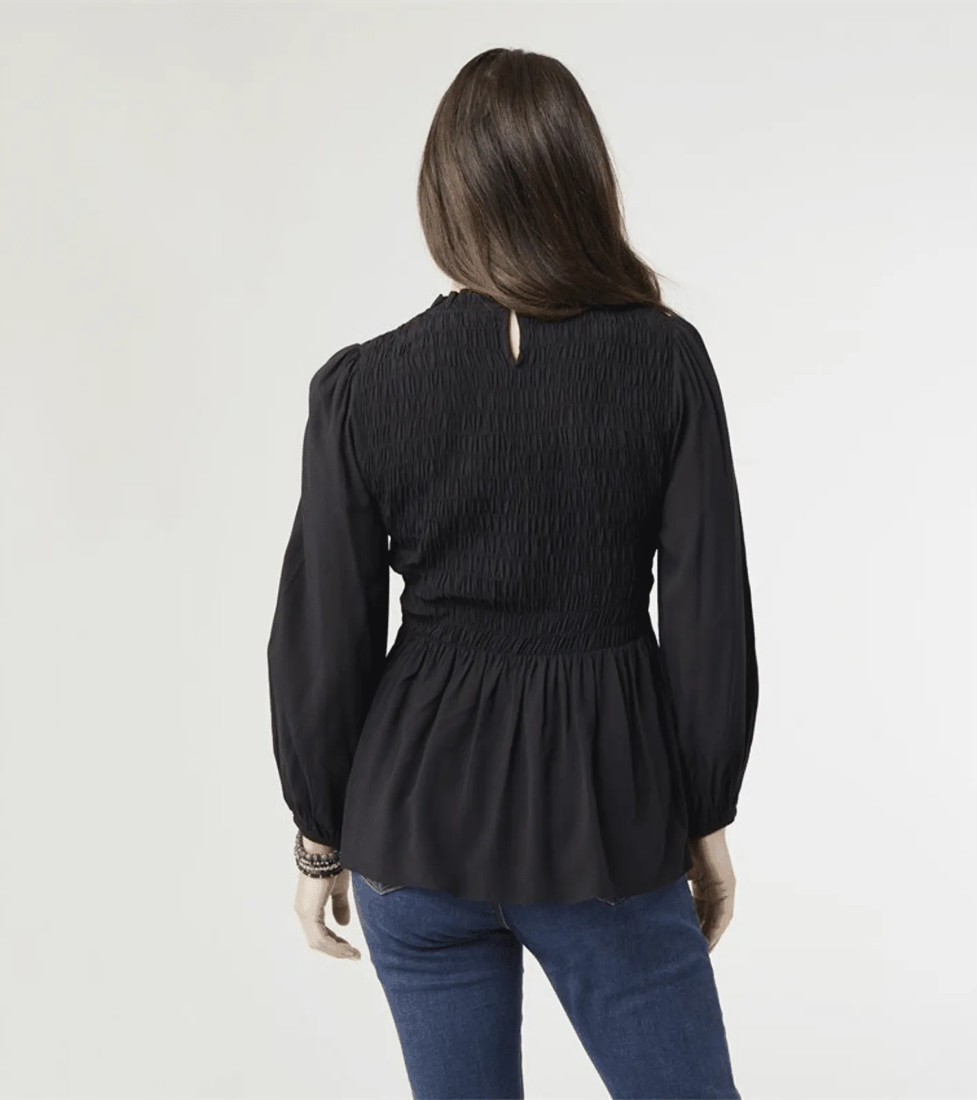 CLEARANCE - Valen Smocked Top with Ruffle Collar- Black