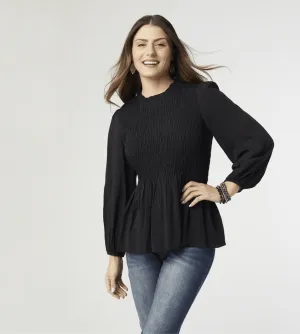 CLEARANCE - Valen Smocked Top with Ruffle Collar- Black