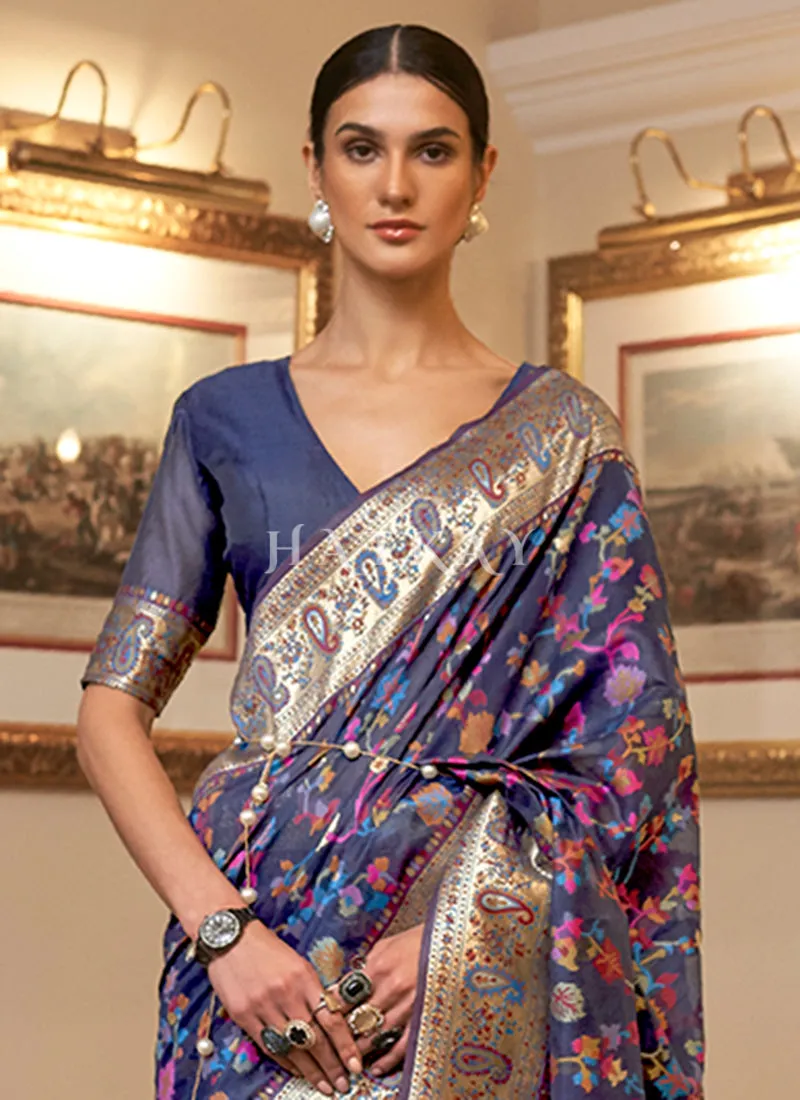 Dark Blue Kashmiri Weaved Silk Saree