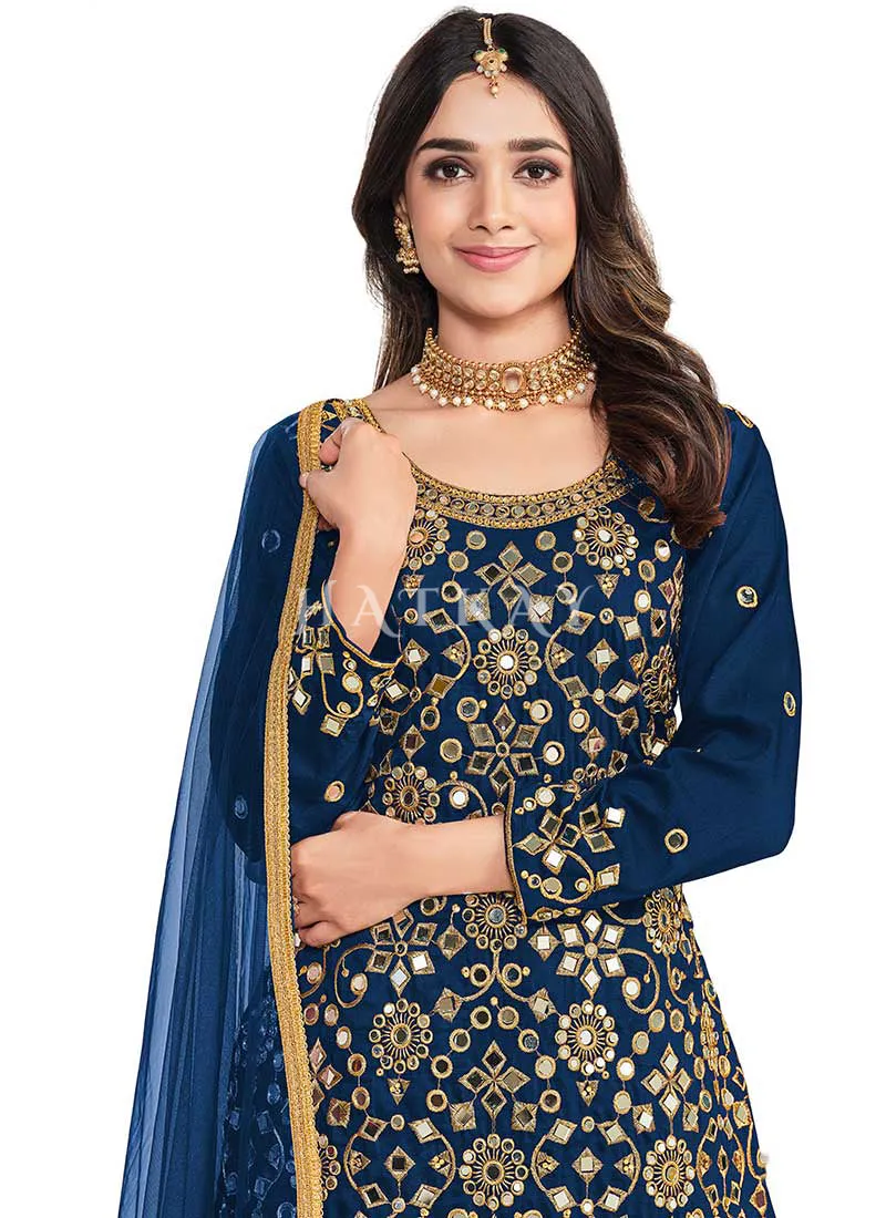 Dark Blue Mirror Work Embroidery Patiala Salwar Kameez