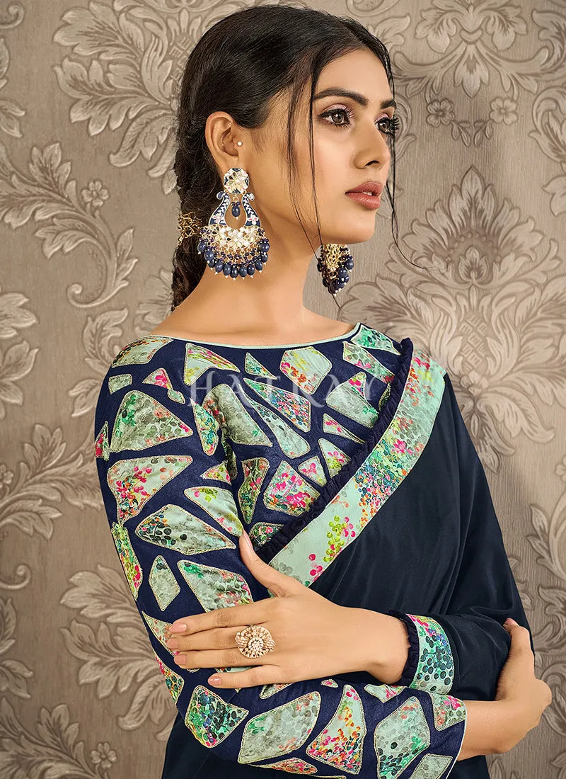 Dark Blue Patched Digital Printed Satin Silk Saree