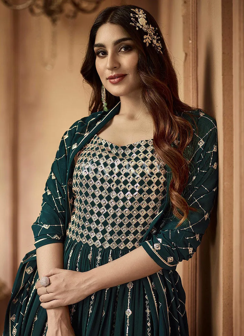Dark Green Mirror Work Embroidered Traditional Anarkali Suit