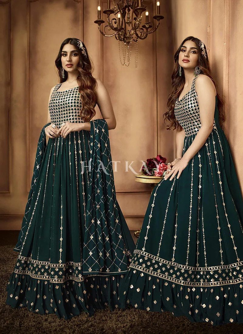 Dark Green Mirror Work Embroidered Traditional Anarkali Suit