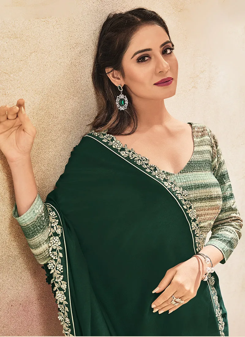 Dark Green Sequence Embroidered Party Wear Saree