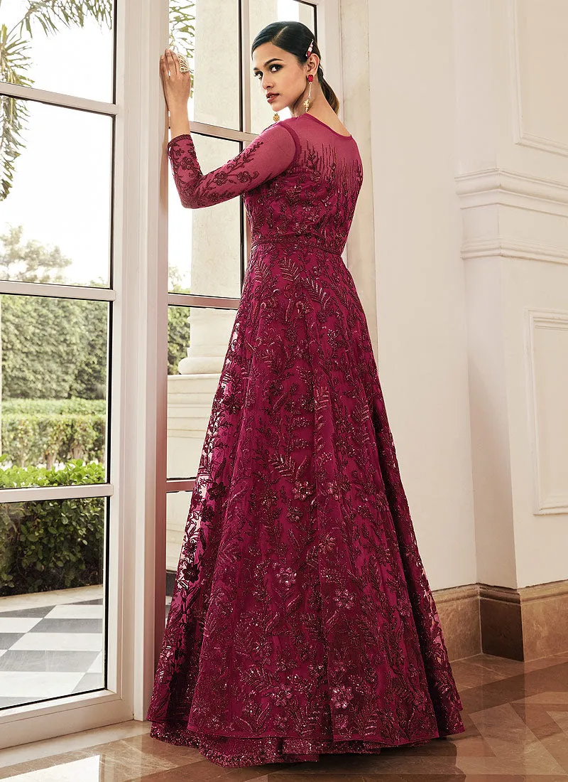 Dark Pink Sequence Embroidered Designer Anarkali Lehenga/Pant Suit