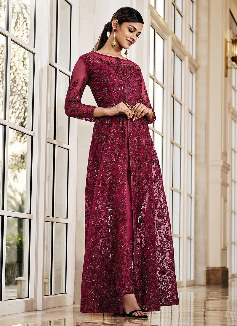 Dark Pink Sequence Embroidered Designer Anarkali Lehenga/Pant Suit