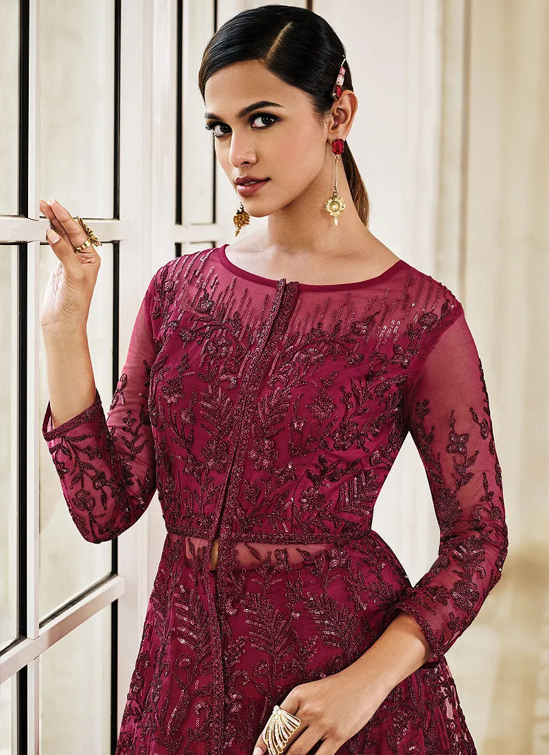 Dark Pink Sequence Embroidered Designer Anarkali Lehenga/Pant Suit