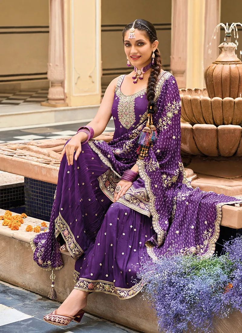 Dark Purple Multi Embroidery Gharara Suit