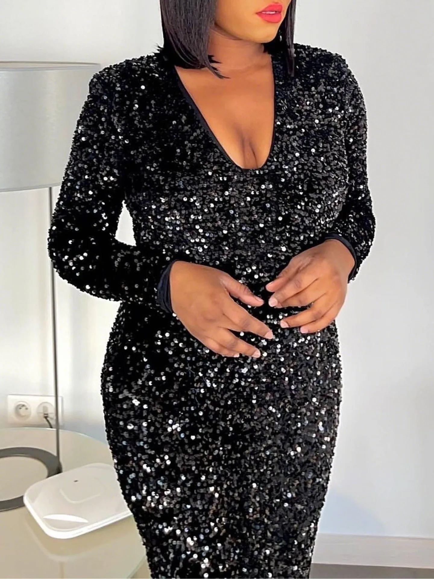 Dazzling Black Sequin Fishtail Evening Gown