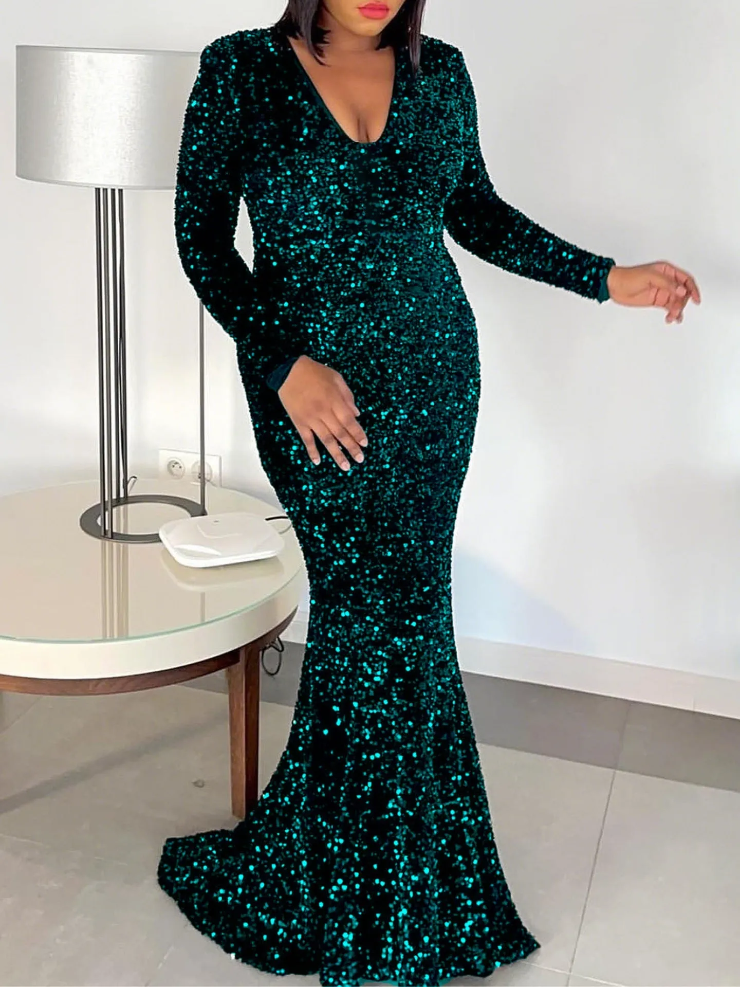 Dazzling Black Sequin Fishtail Evening Gown