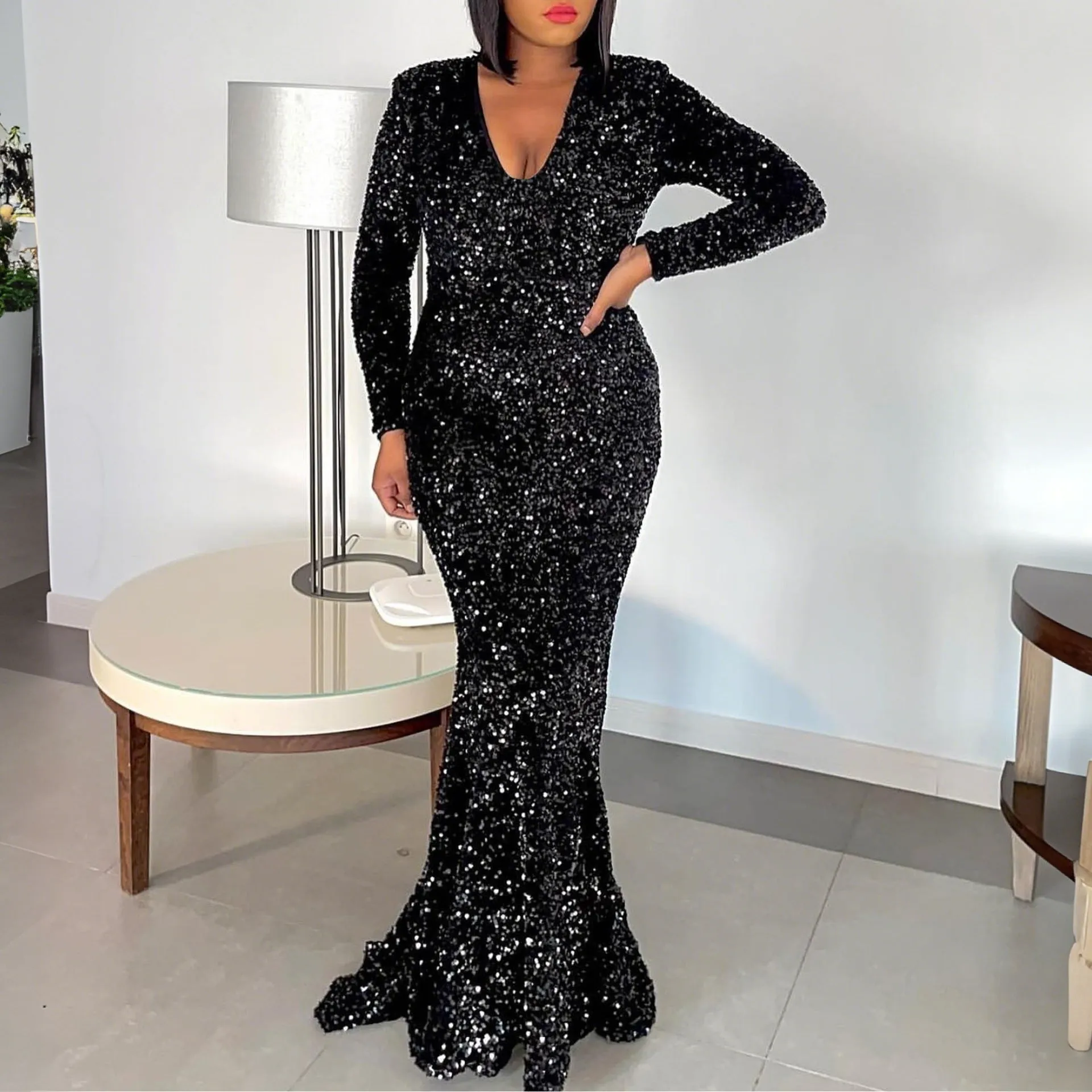 Dazzling Black Sequin Fishtail Evening Gown