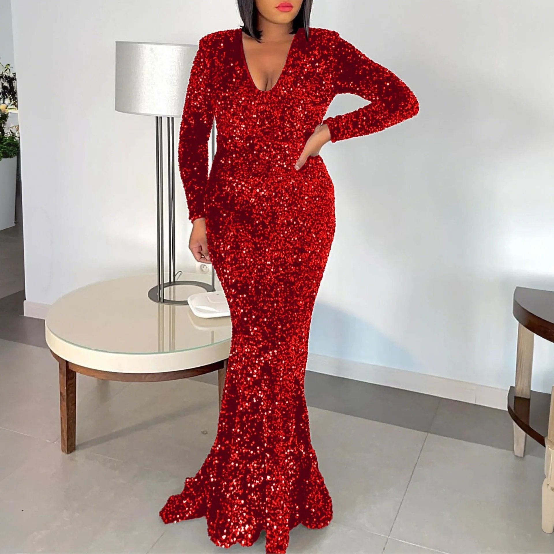 Dazzling Black Sequin Fishtail Evening Gown