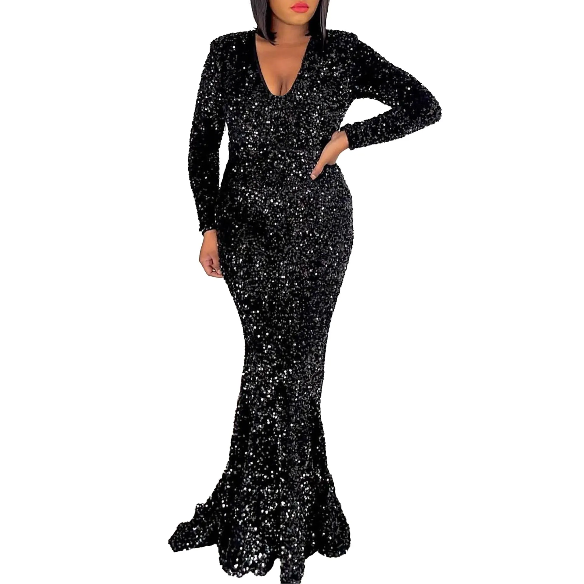 Dazzling Black Sequin Fishtail Evening Gown