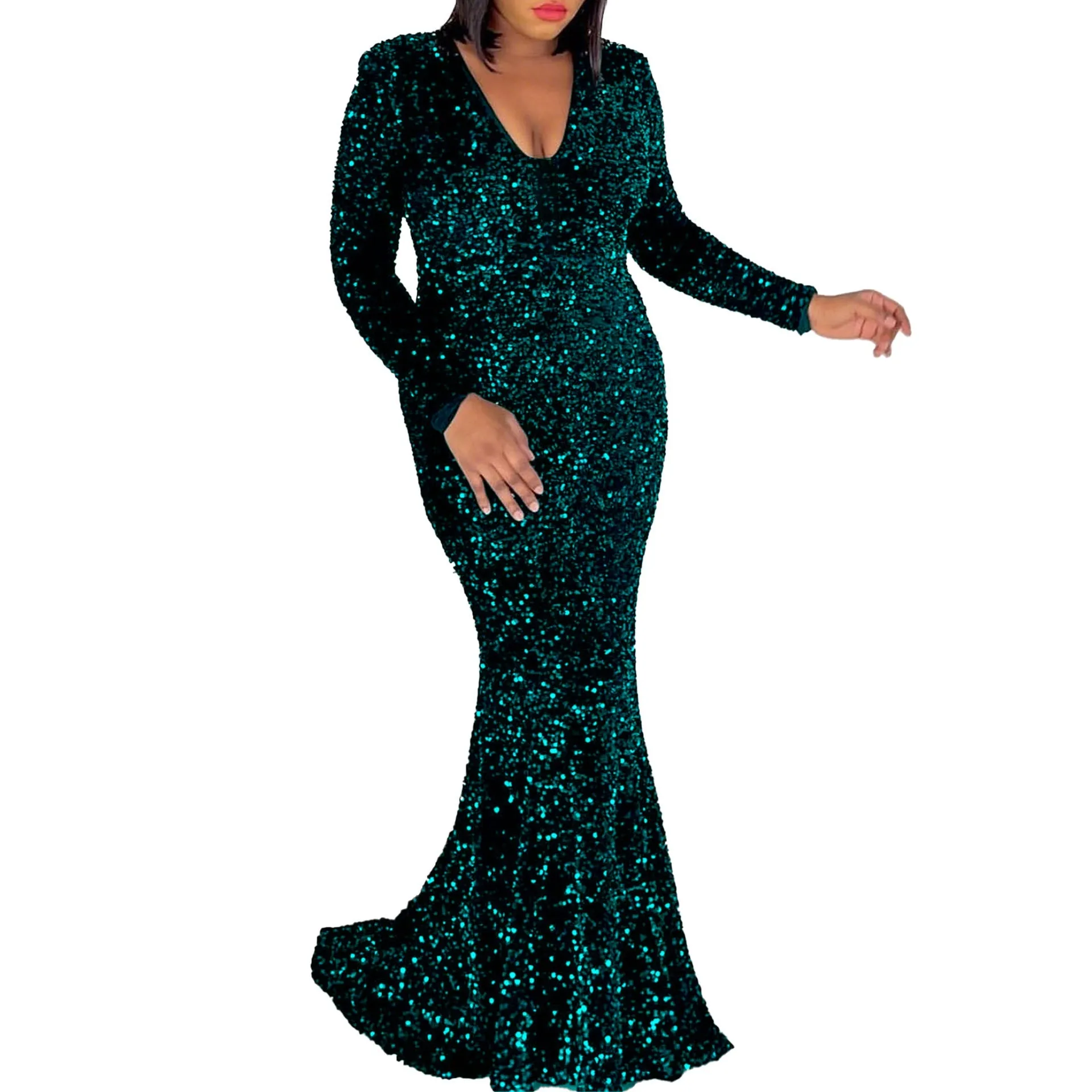 Dazzling Black Sequin Fishtail Evening Gown