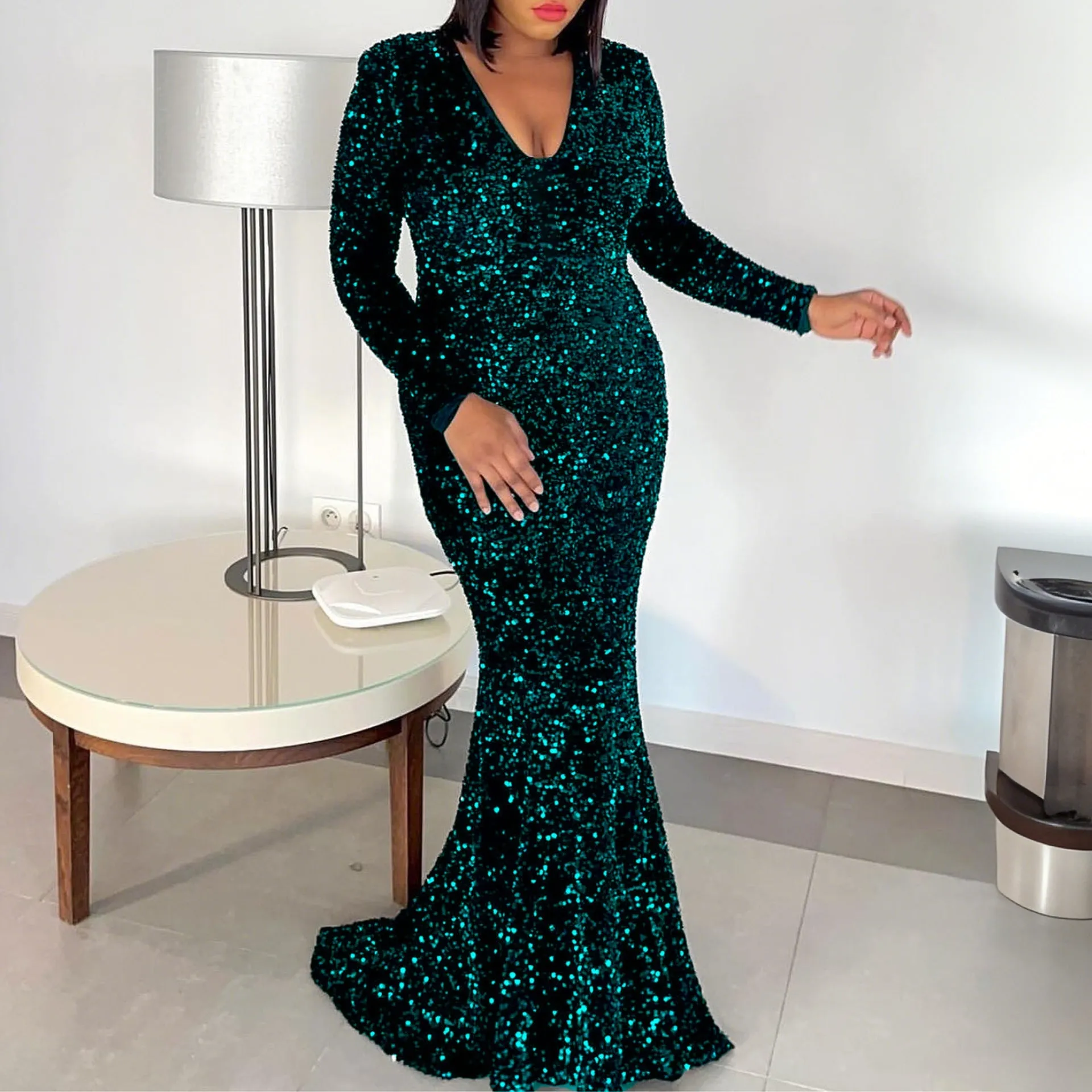 Dazzling Black Sequin Fishtail Evening Gown