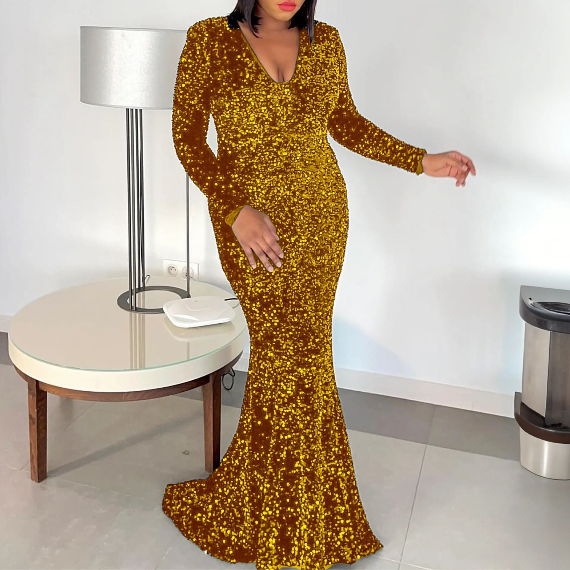 Dazzling Black Sequin Fishtail Evening Gown