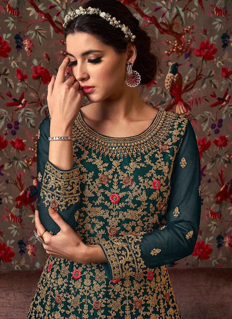 Deep Green Multi Embroidered Anarkali Pant Suit