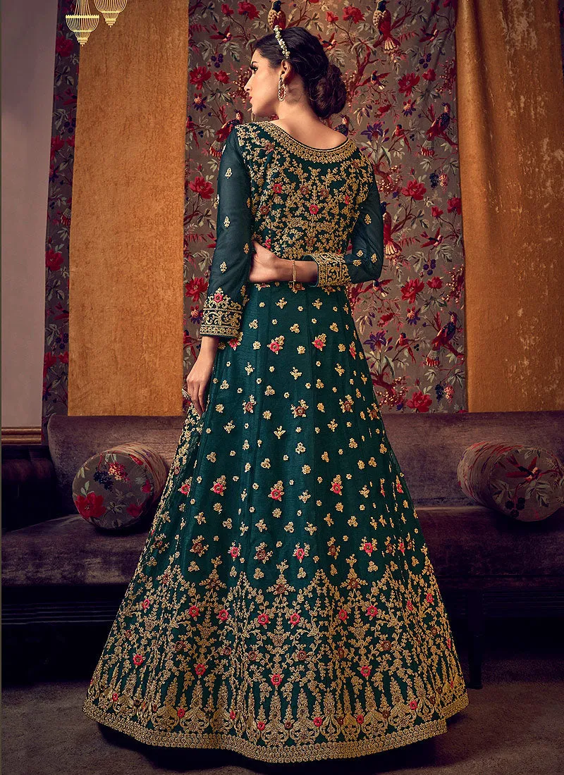 Deep Green Multi Embroidered Anarkali Pant Suit