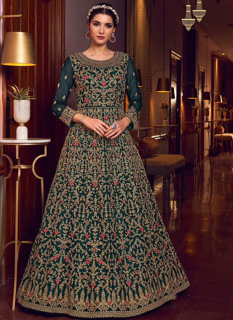 Deep Green Multi Embroidered Anarkali Pant Suit