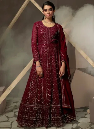 Deep Maroon Lucknowi Embroidered Anarkali Gown