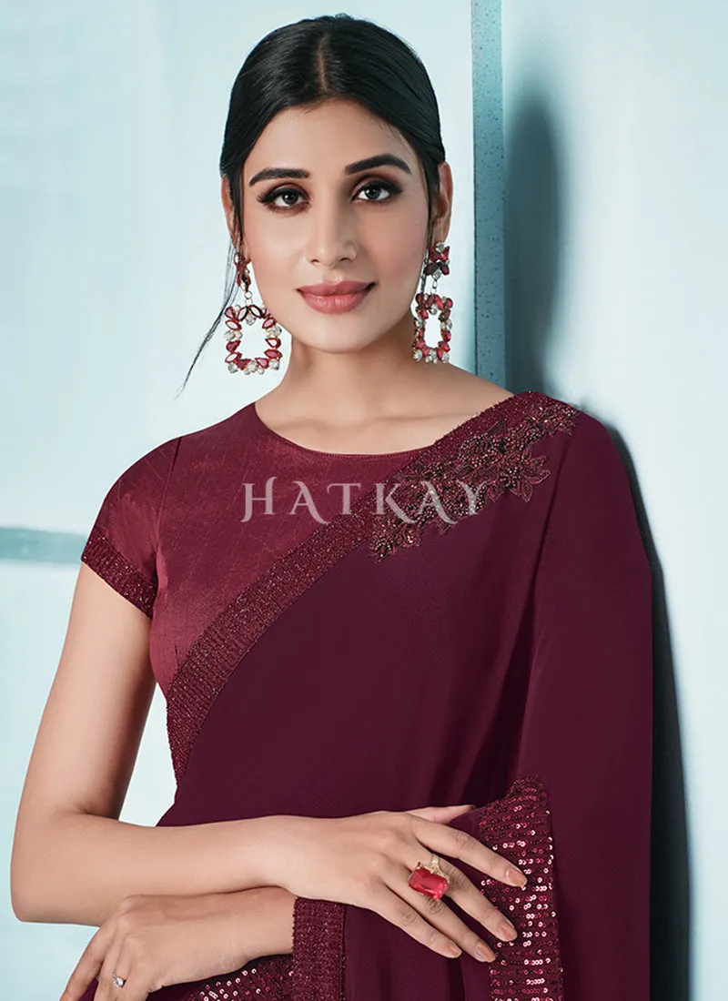 Deep Maroon Sequence Embroidered Festive Saree