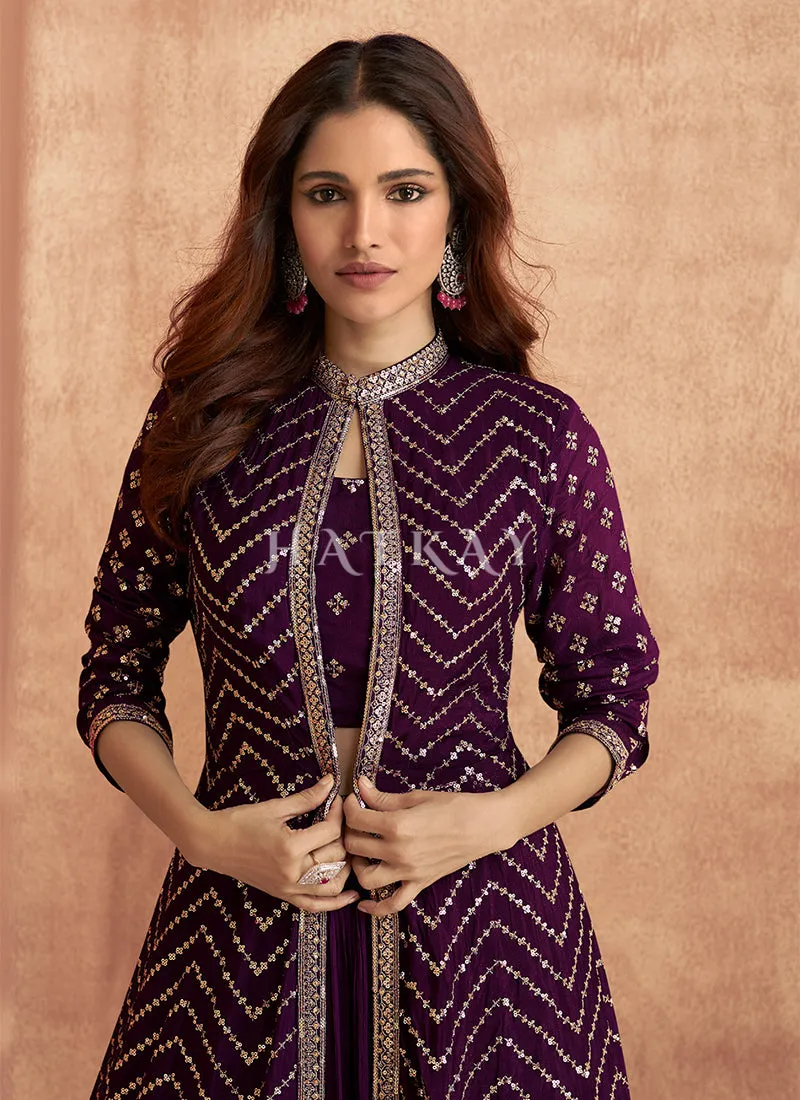 Deep Purple Sequence Embroidered Lehenga Choli And Jacket