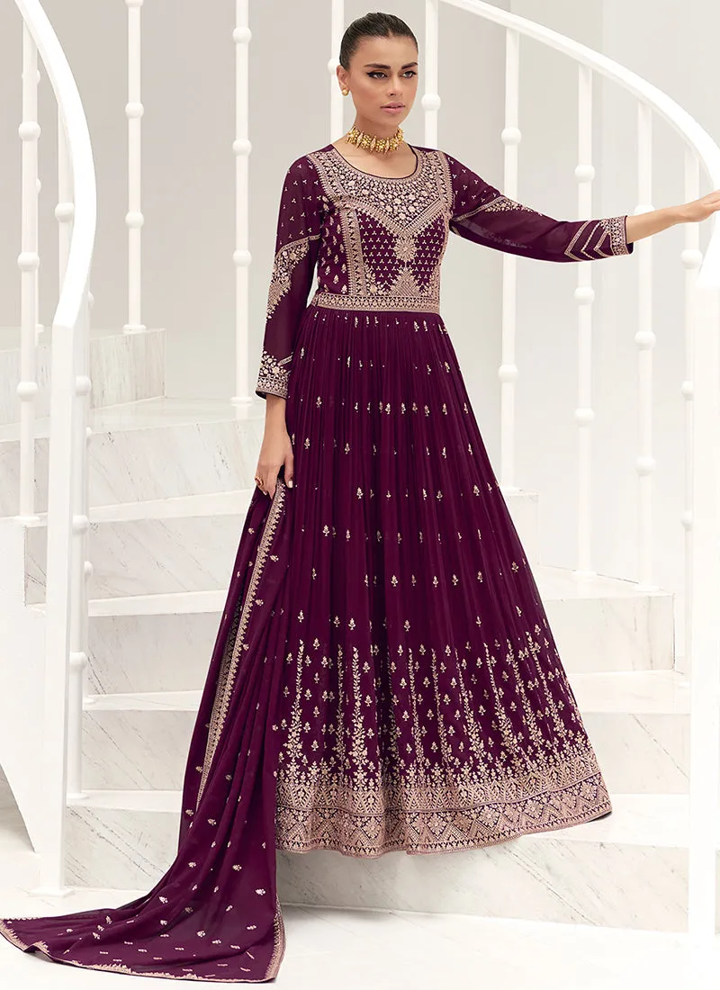Deep Purple Traditional Embroidery Anarkali Gown