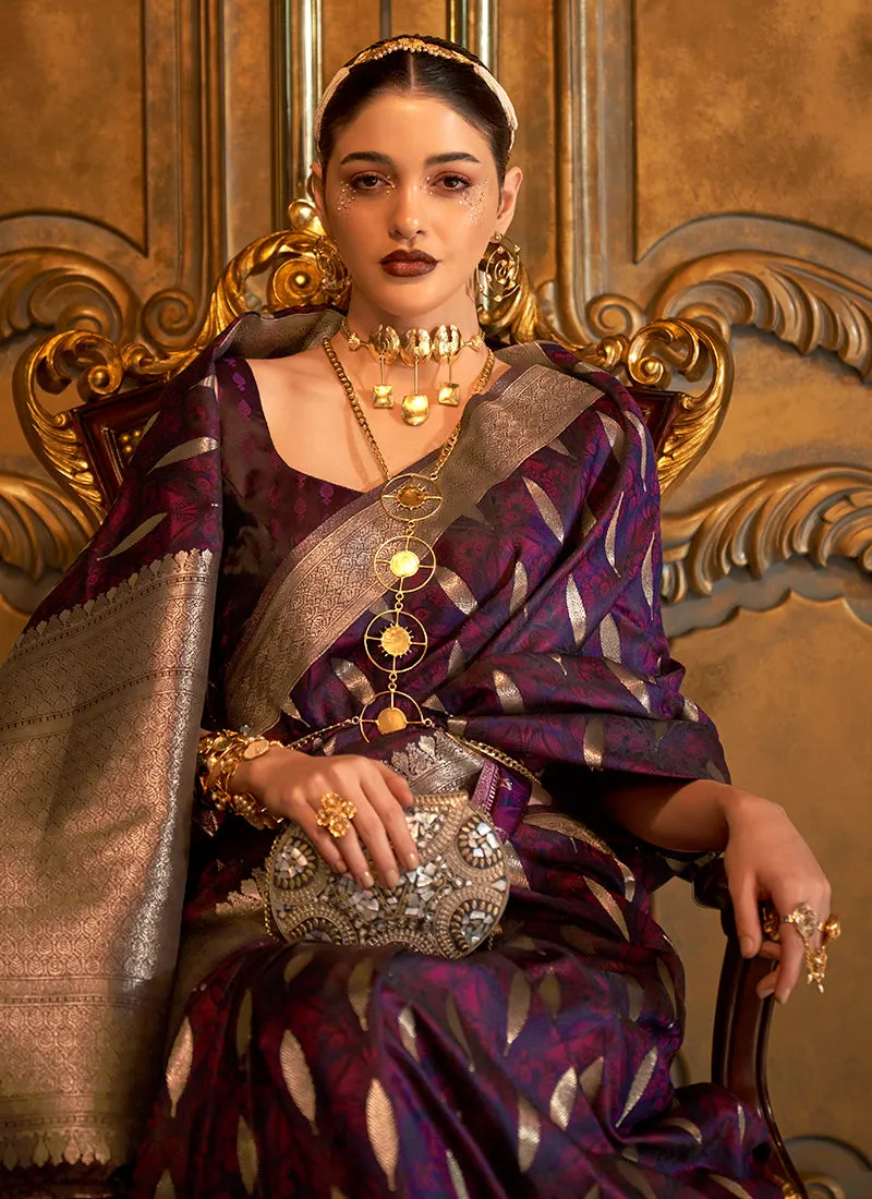 Deep Purple Zari Handloom Weaved Traditional Silk Saree