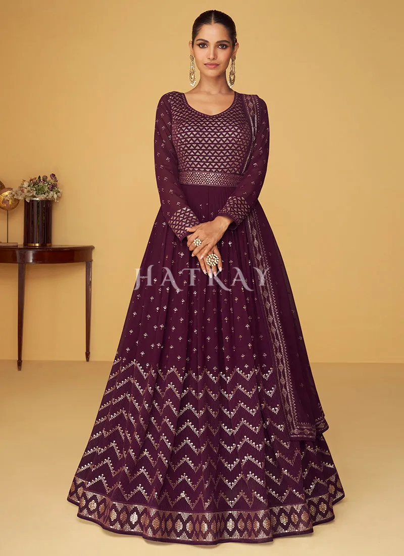 Deep Wine Zari Embroidery Traditional Festive Anarkali Suit