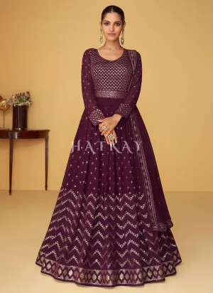 Deep Wine Zari Embroidery Traditional Festive Anarkali Suit