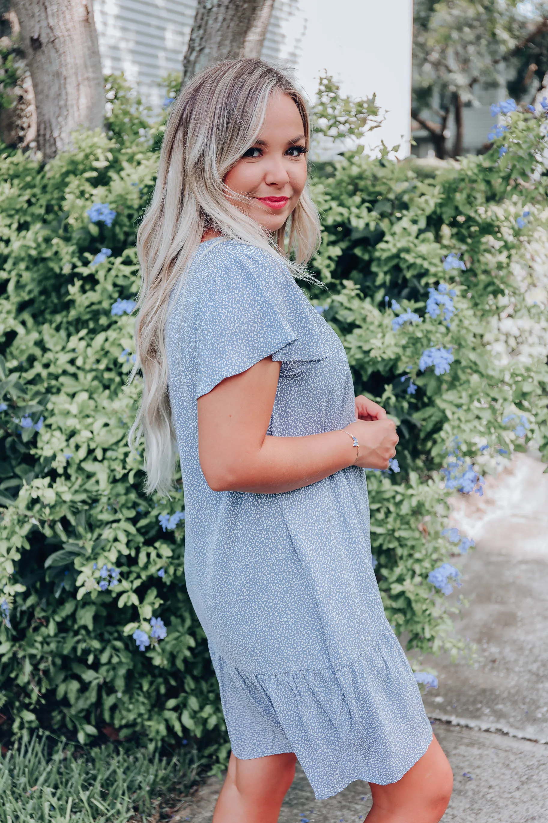 Ditsy Leopard Chiffon Dress - Blue