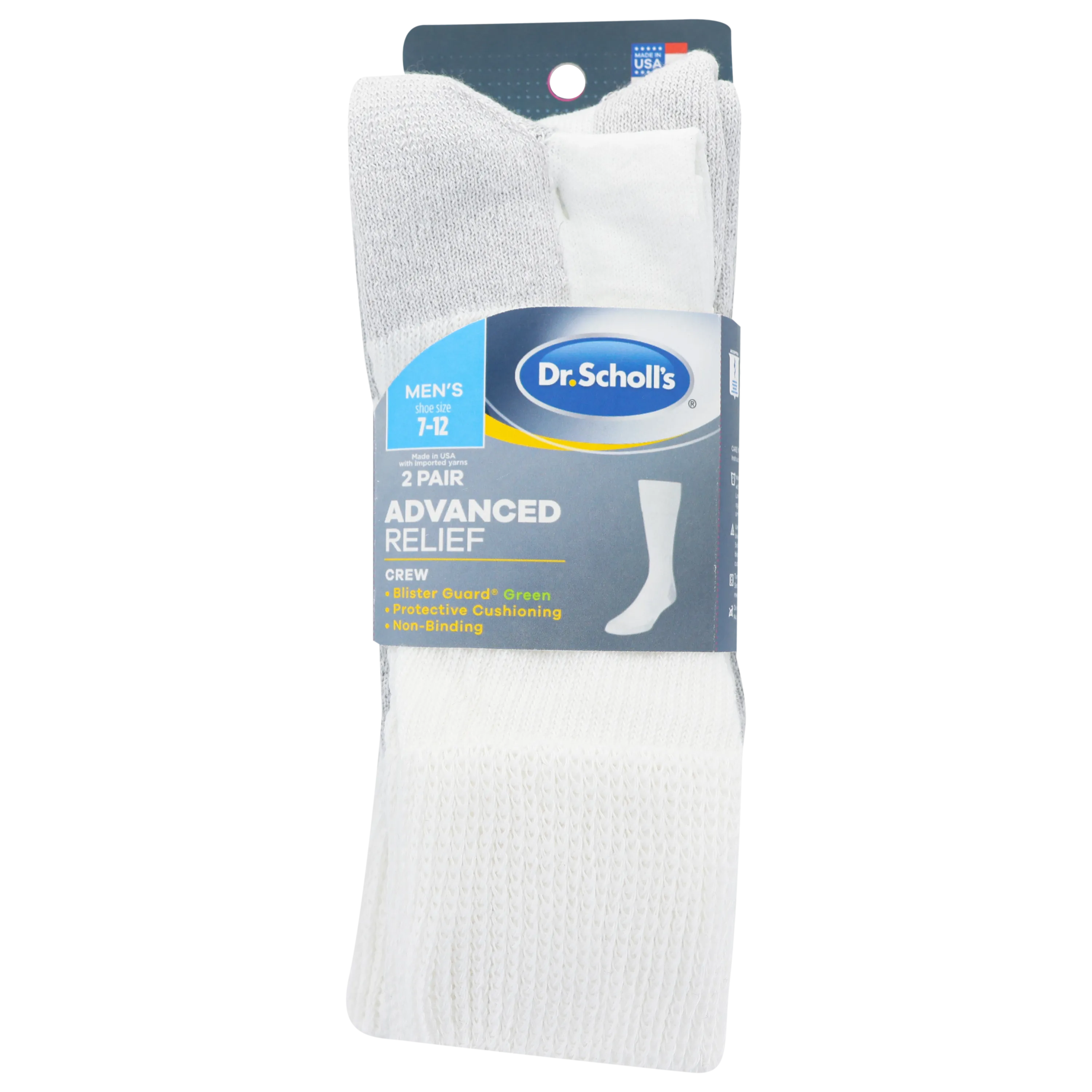 Dr. Scholl's Made in USA Men's Advanced Relief Blister Guard® Crew Socks 2 Pair Pack - Non-Binding, Cushioned Comfort