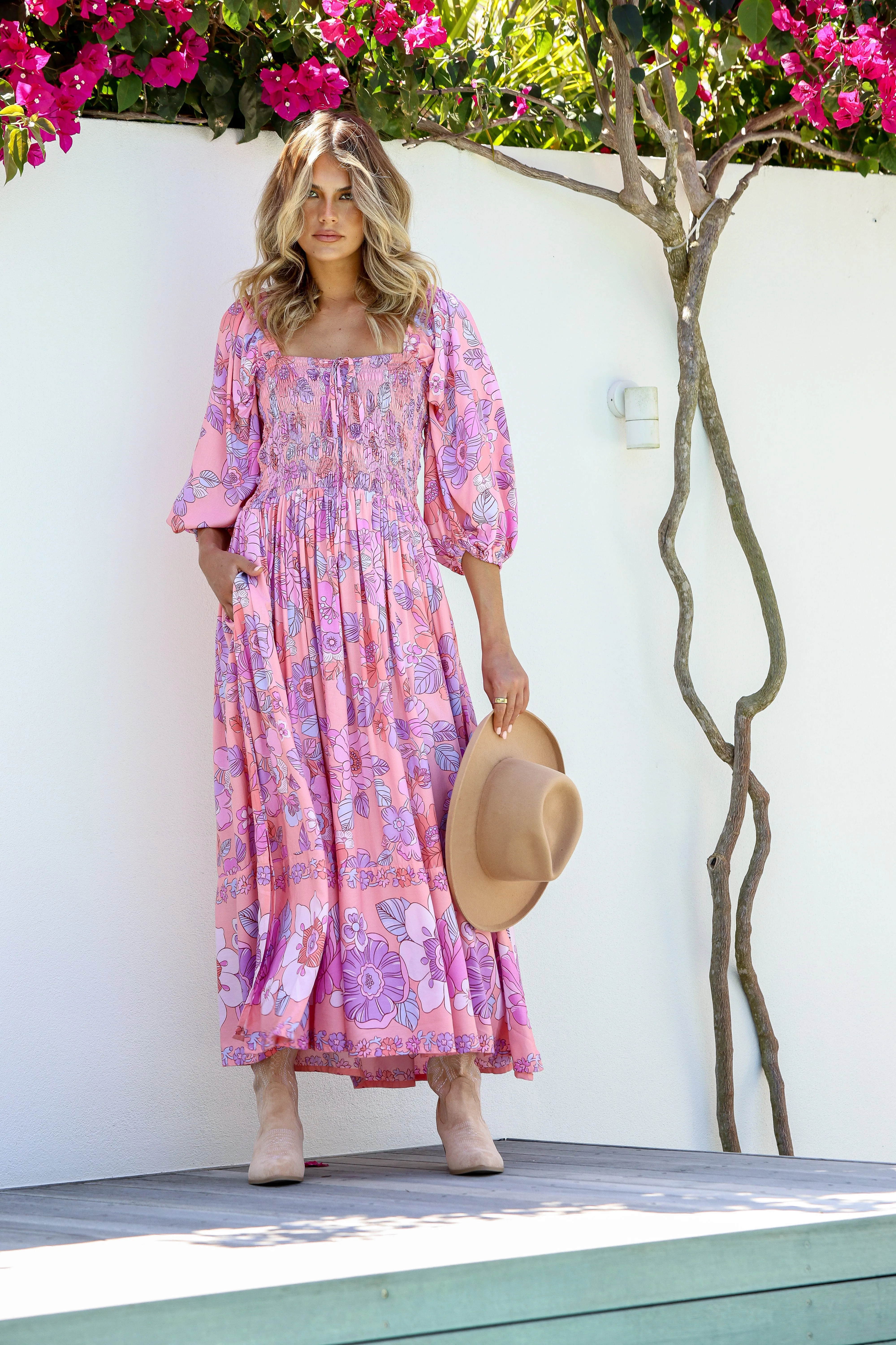 Dreamer Shirred Midi Dress - Candyfloss