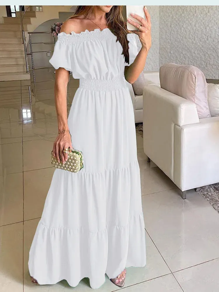 Elegant Solid Color Puff Short Sleeve Dress