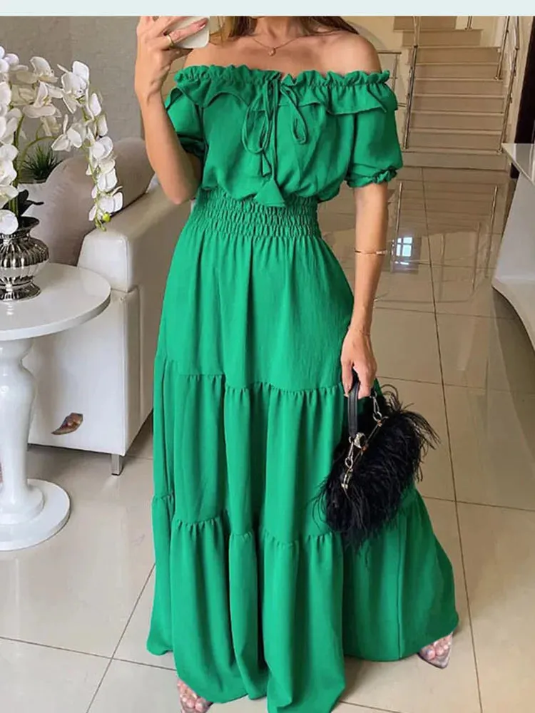 Elegant Solid Color Puff Short Sleeve Dress