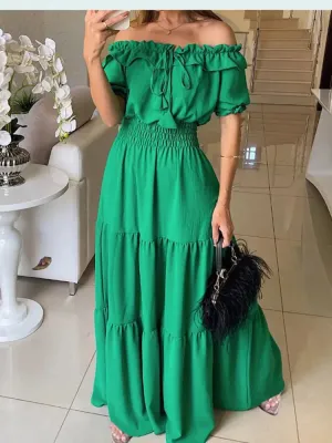 Elegant Solid Color Puff Short Sleeve Dress