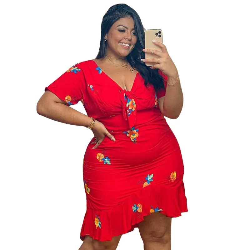 Flirty Floral Knot-Front V-Neck Dress with Asymmetrical Ruffle Hem