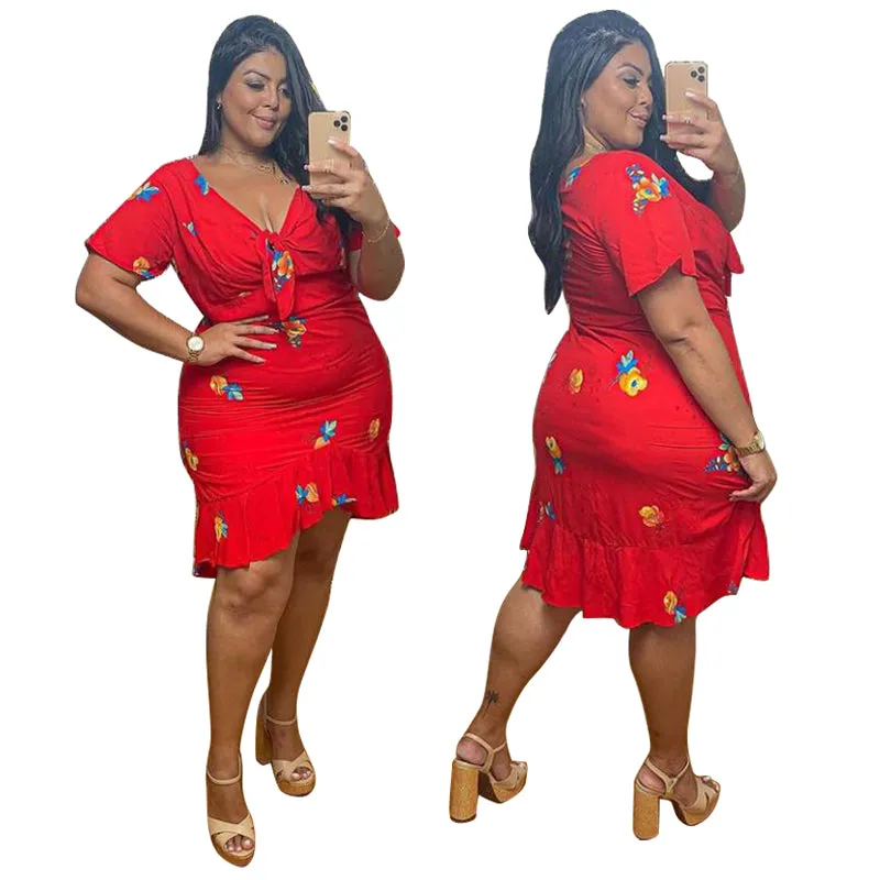Flirty Floral Knot-Front V-Neck Dress with Asymmetrical Ruffle Hem