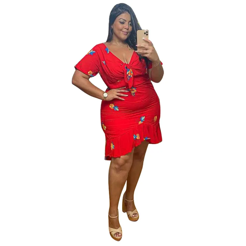 Flirty Floral Knot-Front V-Neck Dress with Asymmetrical Ruffle Hem